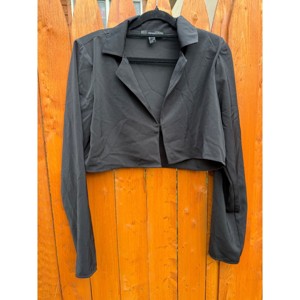 Black Cropped Blazer Jacket Long Sleeve Hook Eye Closure Notched Lapel Top